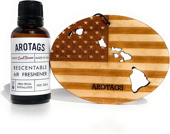 Arotags Car Air Freshener - Reusable Wood Diffuser - Hanging Odor Eliminator - Hawaii Patriot - Cool Breeze Scent