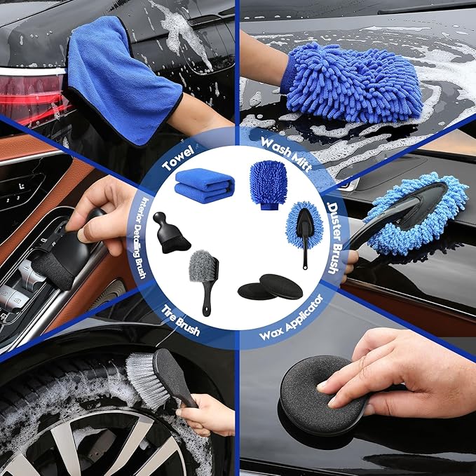 37Pcs Car Detailing Kit, Car Detailing Brush Set, Car Wash Cleaning Kit, Car Detailing Brushes, Professional Car Care Kit for Interior Exterior Wheels, Blue