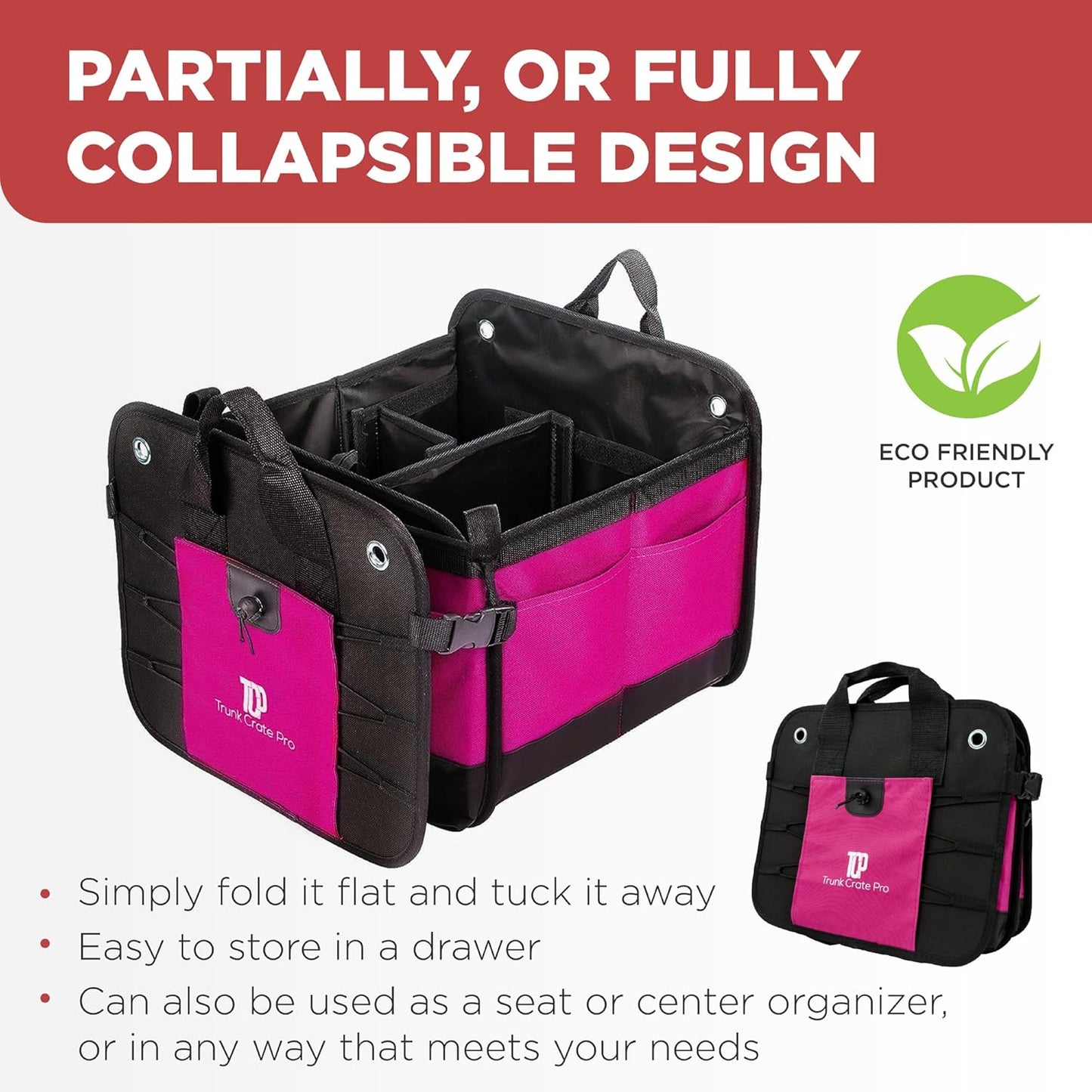 TRUNKCRATEPRO Pink Car Accessories For Women, Trunk Organizer For Car, Suv, Jeep Premium Adjustable Multi Compartments Collapsible (Large Capacity)