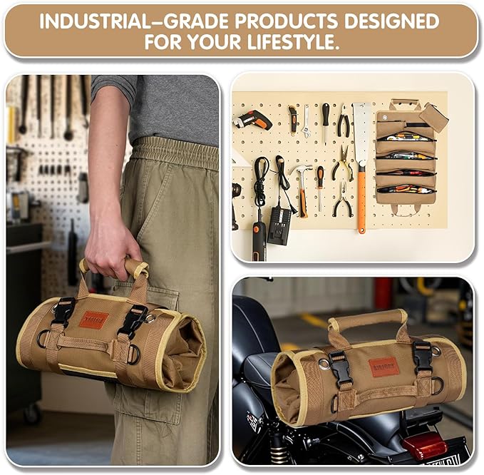 Roll Up Tool Bag, Heavy Duty Tool Organizer Bag, Portable Tools Bag with 6 Tool Pouches for Mechanics, Electricians, DIY Projects, Gifts for Men Dad Husband (Khaki)