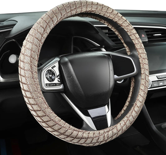 Auto Newer Breathable Steering Wheel Cover Suitable For Four Seasons，Anti-Slip Design，Odorless，Easy Carry Unviersal Fit for Truck SUV Sedans Vans，Interior Accessories Standard Size[14" 1/2-15"]（Beige）