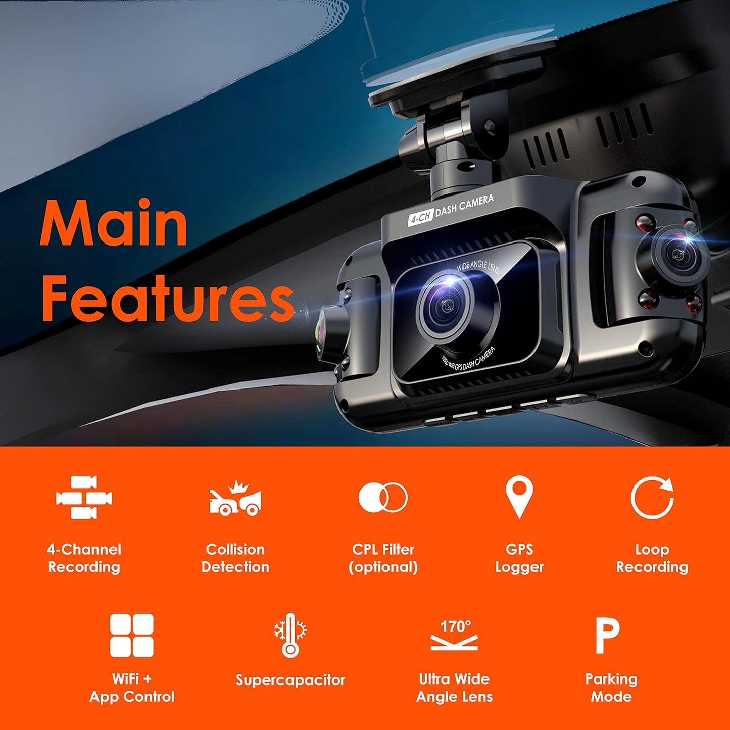 R4-4 Channel Dash Cam W/All Around 1080p Resolution, Wi-Fi, GPS, IR Night Vision, Parking Mode, Collision Detection, Type-C Port