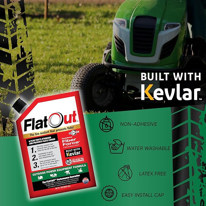 FlatOut Off-Road Tire Sealant, Outdoor Power Equipment Formula, Prevents Flat Tires, Fix a Flat Tire, Seals Leaks, Contains Kevlar, 32 Ounce Bag, 1-Pack