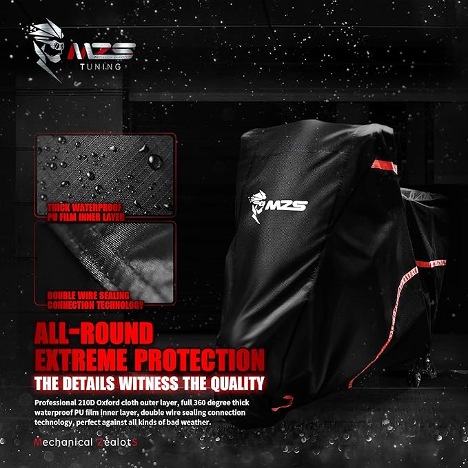 MZS Motorcycle Cover - All Season Weather Outdoor Waterproof Protection fits up to 86 inch L Compatible Sport Bikes Cruiser - Vents Night Reflective Tear Scratch Proof Sunblock Adjuster Buckle