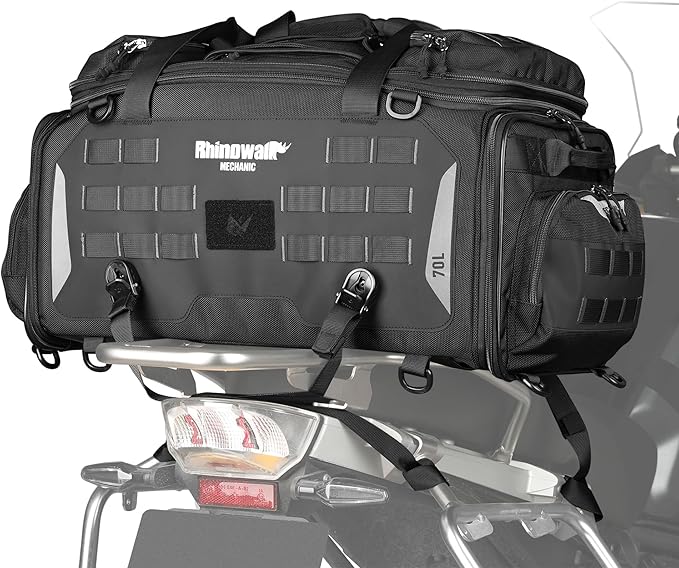 Rhinowalk Motorcycle Saddle Bag Tail Bag Expandable 50L to 70L Mechanic Series Motorbike Bag, Waterproof with MOLLE System, Multi-Compartment Travel Luggage for Powersports (70L, Black)