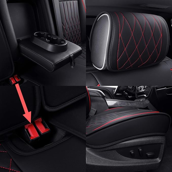 Aierxuan Chevy Silverado GMC Sierra Car Seat Covers Full Set, Custom Fit 2007-2025 1500 2500 HD 3500 HD Crew, Double, Extended Cab or Pickup Truck, with Waterproof Faux Leather (Black and Red)