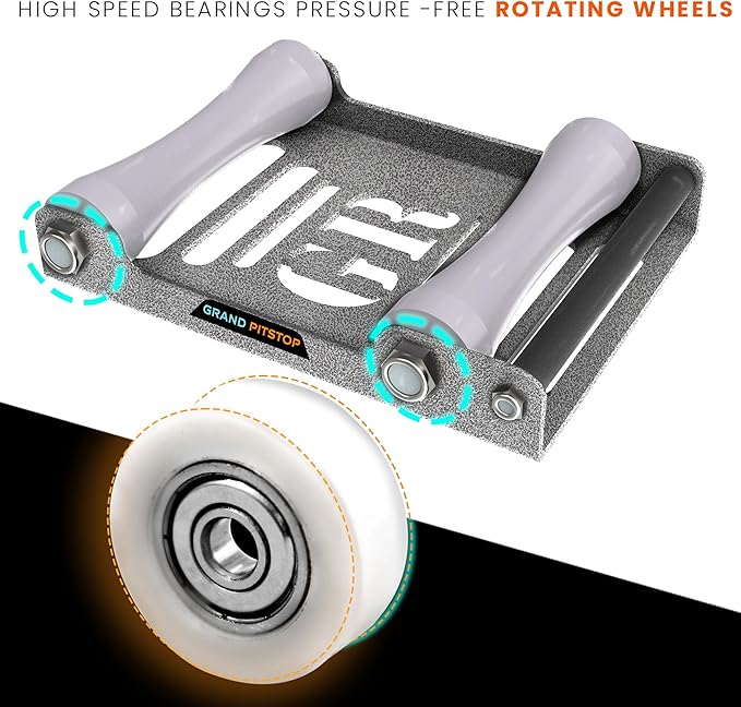 GRAND PITSTOP Motorcycle Roller Wheel Cleaning Stand - Paddock Stand Replacement - Wheel Roller Stand with Ramp Support for tire Cleaning & Chain Lubrication (Roller Large Antic Silver)