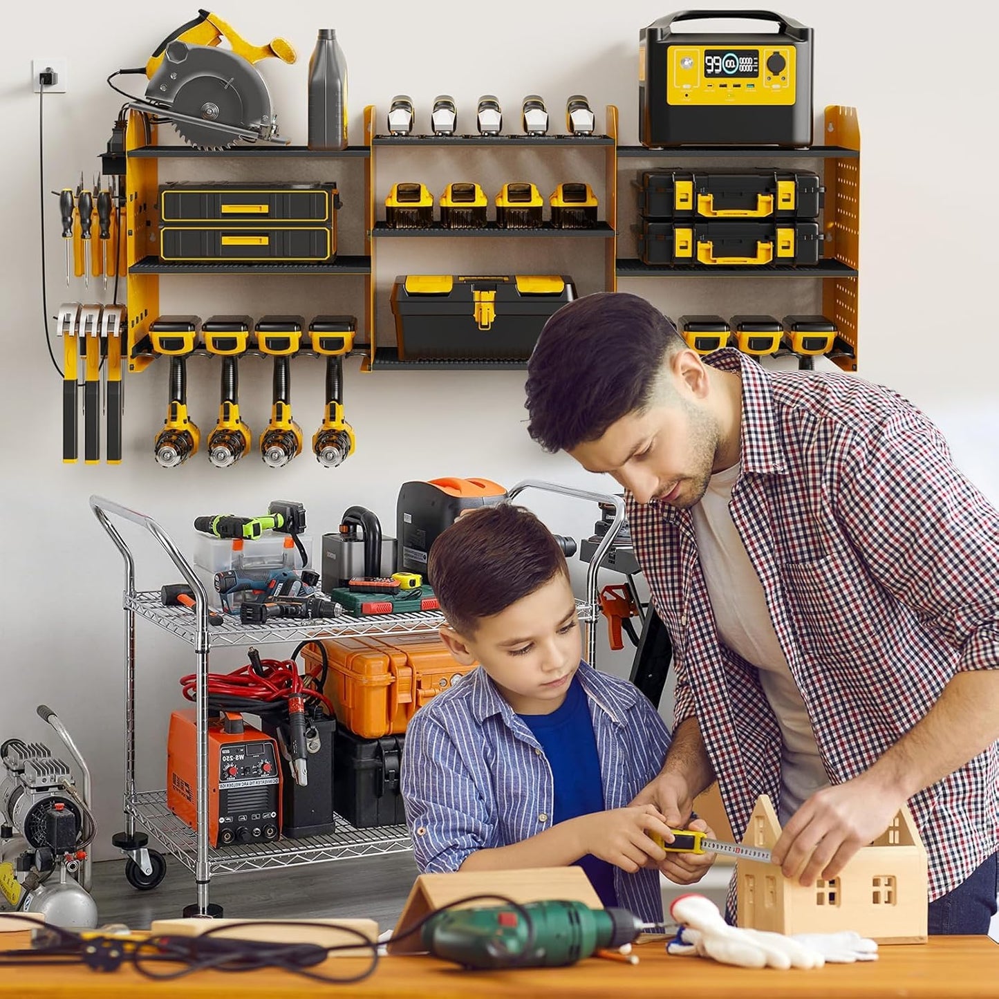 Power Tool Organizer with Charging Station Wall Mount, 3 Layer Expanded Heavy Duty Garage Organization, 45.5 Inch Length Garage Tool Storage, 8 Drills, 2 Assemble Method, Yellow