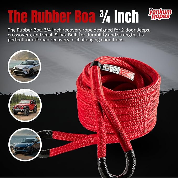 Yankum Kinetic Recovery Rope - Heavy Duty 3/4" x 30' Tow Rope, Off-Road & Vehicle Recovery, Kinetic Energy Ropes for 4x4, Jeep, and Trucks, Made in USA – Rubber Boa Series