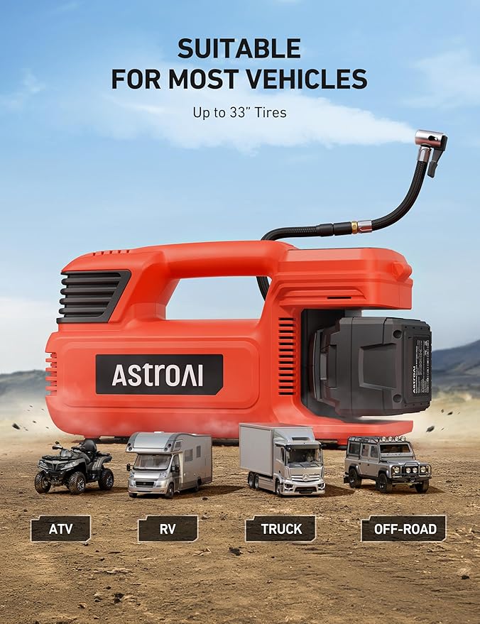 AstroAI TC4 Portable Air Compressor Tire Inflator, 470W 18V Cordless Air Pump for Truck Tires with 4000mAh Battery, 150PSI Heavy Duty Air Compressor with Digital Display for Car, RVs, SUV Gift Red