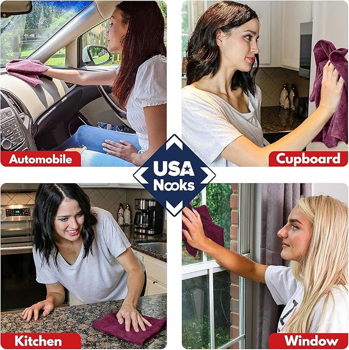 USANOOKS Microfiber Cleaning Cloth - 1200 Washes, Ultra Absorbent Towels Grip Root Weave Grime - 12pack - Burgundy