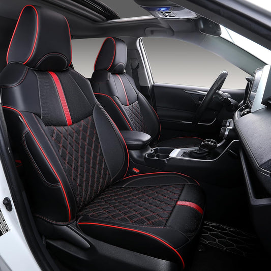 Custom Fit RAV4 Seat Covers for 2019-2025 Toyota RAV4 LE,XLE,XLE Premium,Limited Full Coverage Waterproof Leather Car Seat Covers Full Set (Black with Red Trim)