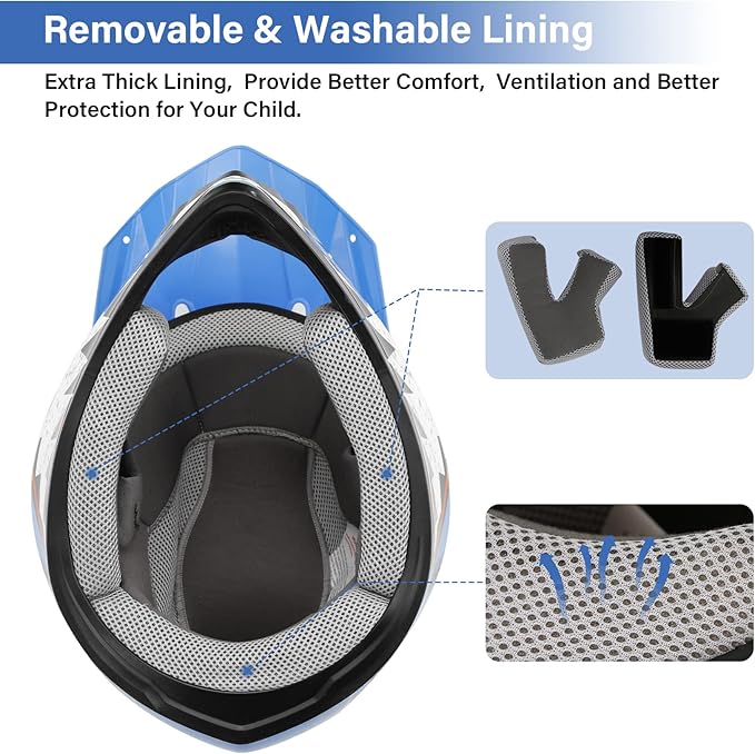 XFMT DOT Youth Kids Dirt Bike Helmet Full Face Motocross Helmets for Off-Road ATV Street Bike Four Wheeler Motorcycle with Goggles & Gloves, Blue Shark Small