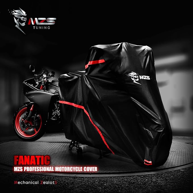 MZS Motorcycle Cover - All Season Weather Outdoor Waterproof Protection fits up to 86 inch L Compatible Sport Bikes Cruiser - Vents Night Reflective Tear Scratch Proof Sunblock Adjuster Buckle