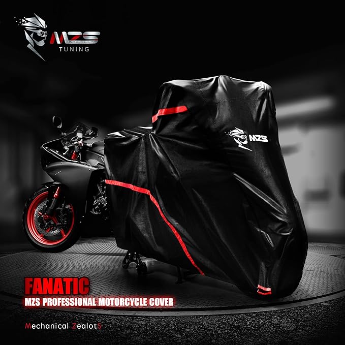 MZS Motorcycle Cover - All Season Weather Outdoor Waterproof Protection fits up to 96 inch XL Compatible Sport Bikes Cruiser - Tear Scratch Wind Proof Sunblock Vents Night Reflective Buckle
