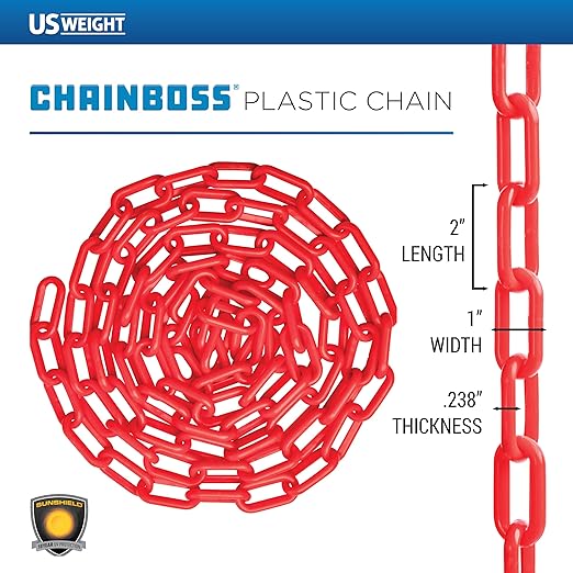 US Weight (Made in USA) 2" x 100' (5 Pack - 500’ Total) Red Plastic Safety Chain ft. SunShield UV Resistant Technology