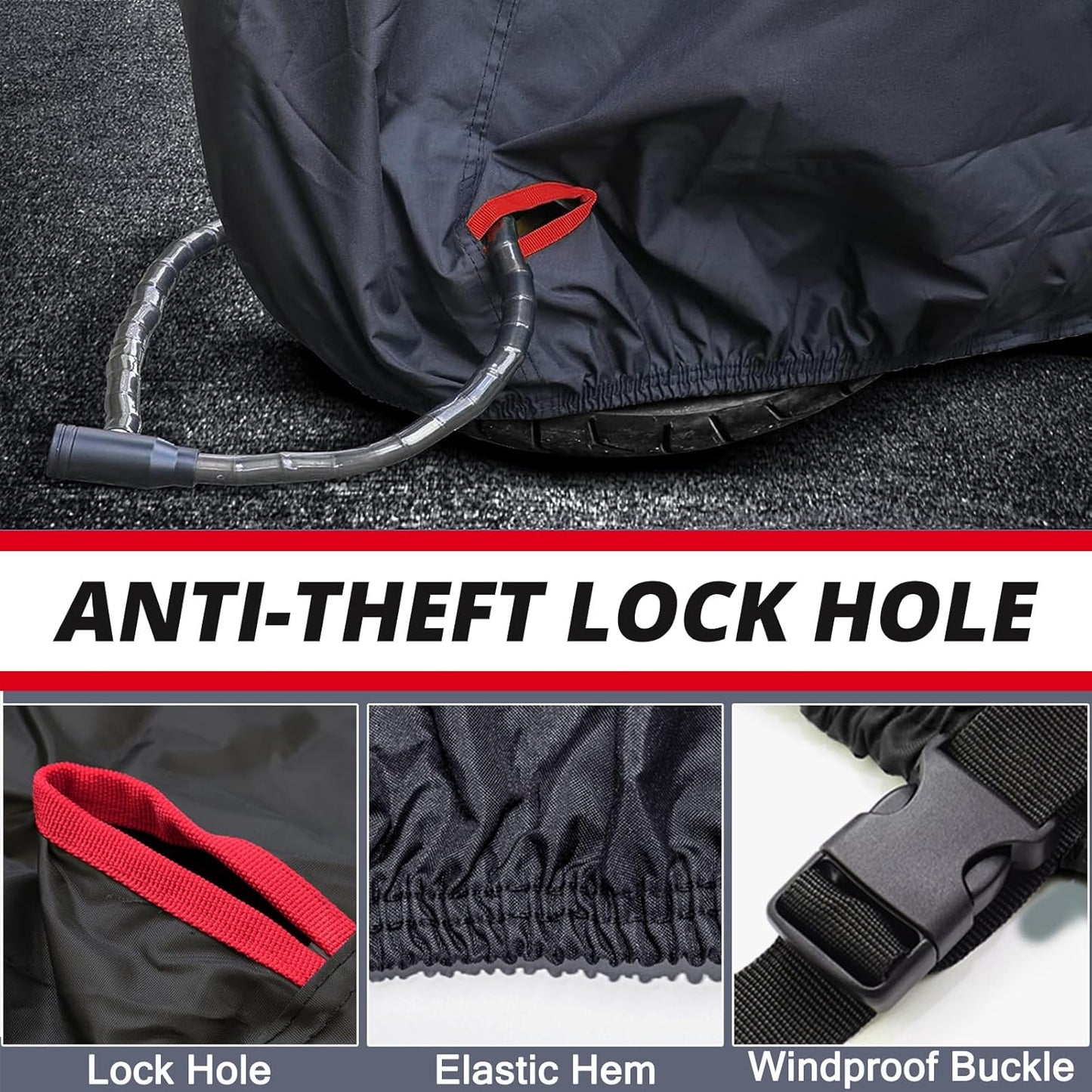 Motorcycle Cover,Waterproof Zipper Outdoor Cover for All Seasons Windproof, High Heat Resistance Dustproof and Rainproof Snowproof(Red Zipper XXXL Fits Up to 116 inch)