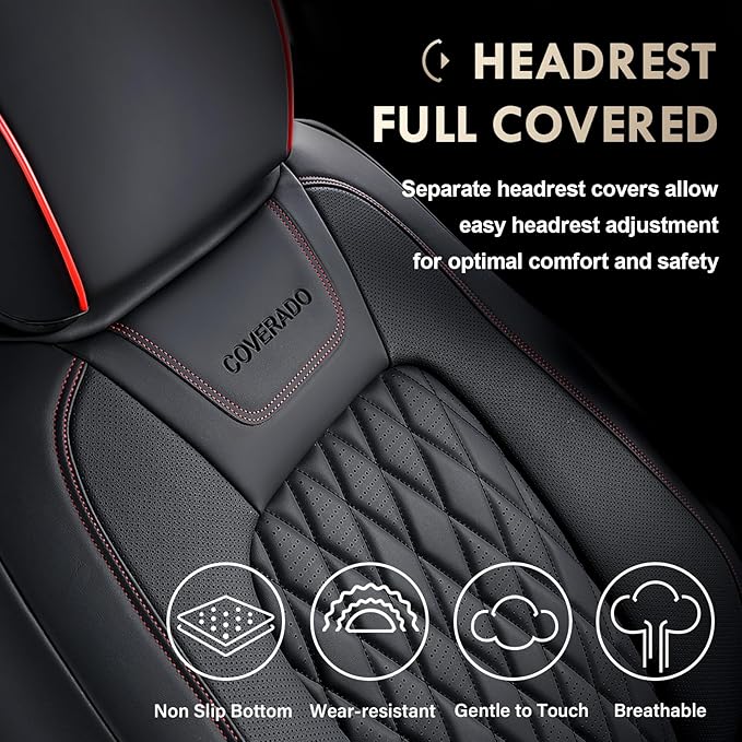 Coverado Leather Car Seat Cover, Custom Fit for Ford F150 Seat Covers, Ford F150 Truck Seat Covers Waterproof Fit for 2015-2025 F150 & 2017-2025 F250 F350 F450 Redline - Front Pair