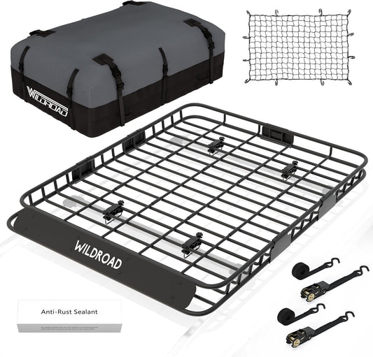 Wildroad Roof Rack Cargo Basket, Upgraded 4” Fence Wide Car Roof Basket Combo, 64"x 50"x 4" Universal Roof Cargo Carrier Basket with Cargo Bag, Cargo Net and Ratchet Straps Fits for SUV Truck Cars