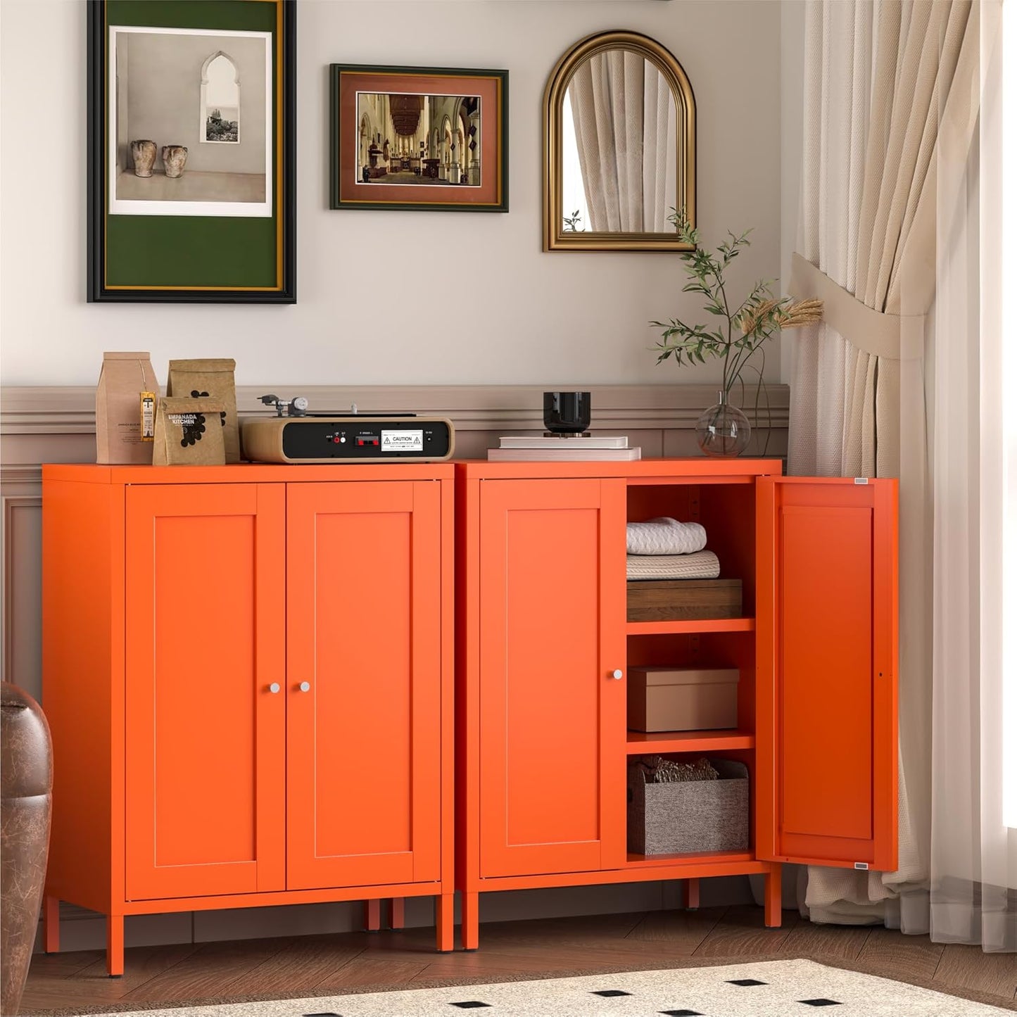 Metal Bathroom Storage Cabinet, Bathroom Floor Storage Cabinet with 2 Adjustable Shelves and 2 Doors,Freestanding Metal Sideboard for Small Spaces, Living Room, Dining Room,Orange