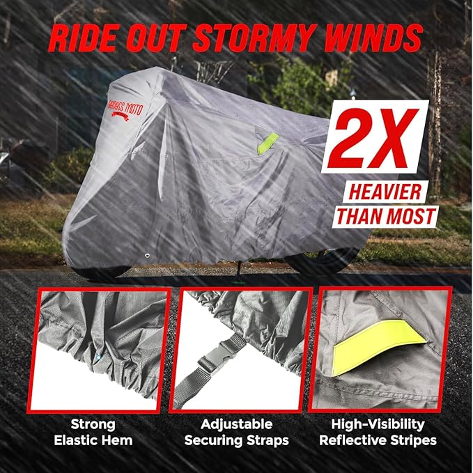 Badass Moto Ultimate Motorcycle Cover Waterproof Outdoor, Heavy Duty Motorcycle Cover for Harleys - Fits Harley Davidson Motorcycle Covers, Street or Sportbike Cover - Light Gray Medium