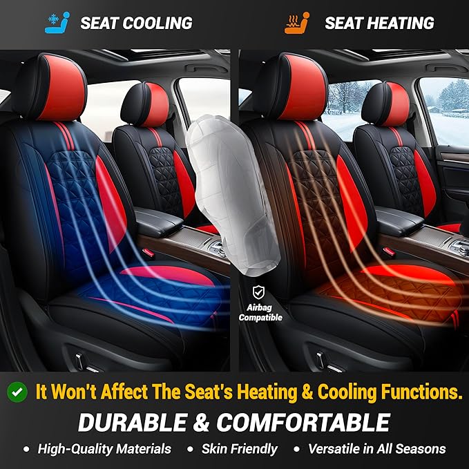 OASIS AUTO Car Seat Covers Full Set Premium Waterproof Faux Leather Cushion Universal Accessories Fit SUV Truck Sedan Automotive Vehicle Auto Interior Protector (OS010-Black&Red)