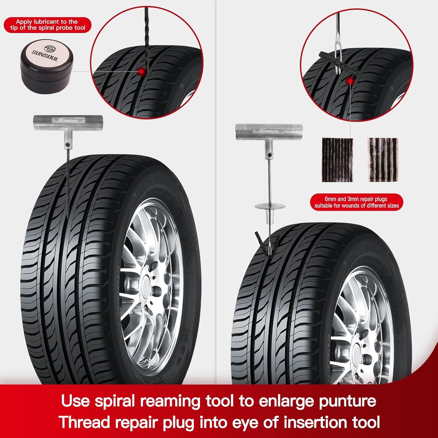 SUNSOUL Portable Tire Repair Kit with Plugs, Heavy Duty Tire Plug Kit, 40PCS Flat Tire Emergency Repair Tool for Car, Motorcycle, Truck, ATV, UTV, RV, Tractor