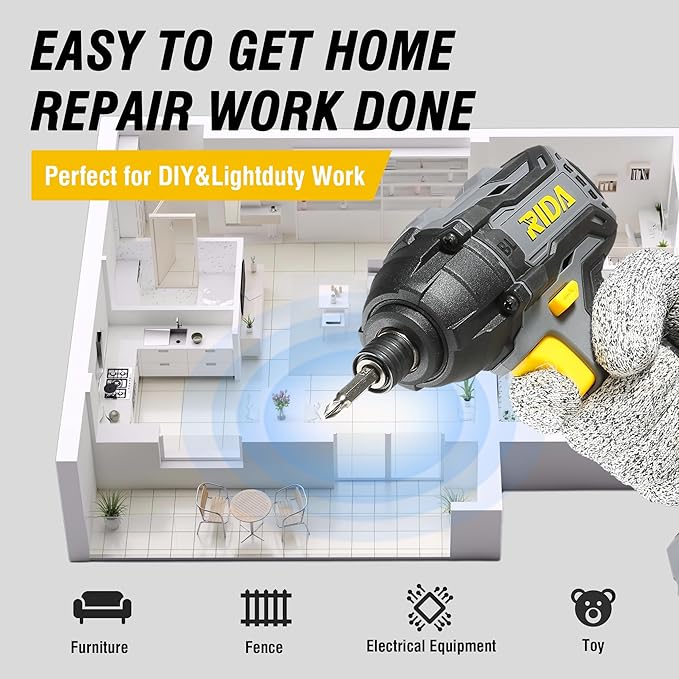 RIDA Cordless Brushless Impact Driver 180N.m, 20V Electric Impact Drill/Driver Set 1/4" All-Metal Hex Chuck,Variable Speed 2.0Ah Battery & Fast Charger, 25 Pcs S2 Bits & Tool Bag for Home DIY Use