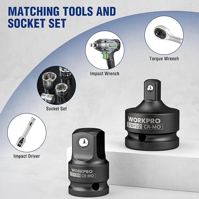 WORKPRO 3/4" F to 1/2" M Impact Socket Adapter, Cr-Mo Steel, Socket Adapter Set for Impact Driver Conversions, Square Drive Reducer for Impact Driver Wrench