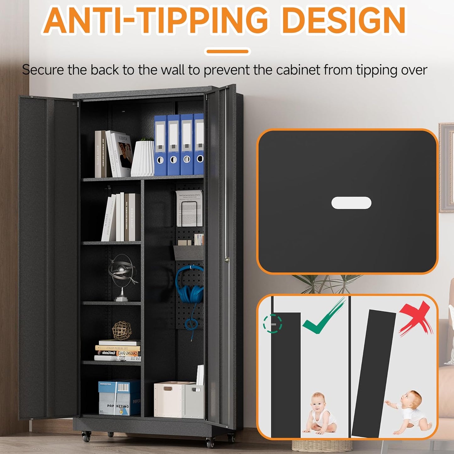 Metal Garage Storage Cabinet with 2 Doors, Adjustable Rolling Tool Storage Cabinet with Lock, 71" Steel Locking Tool Cabinet with Wheels and Shelves for Garage, Warehouse(Black, 71" H)