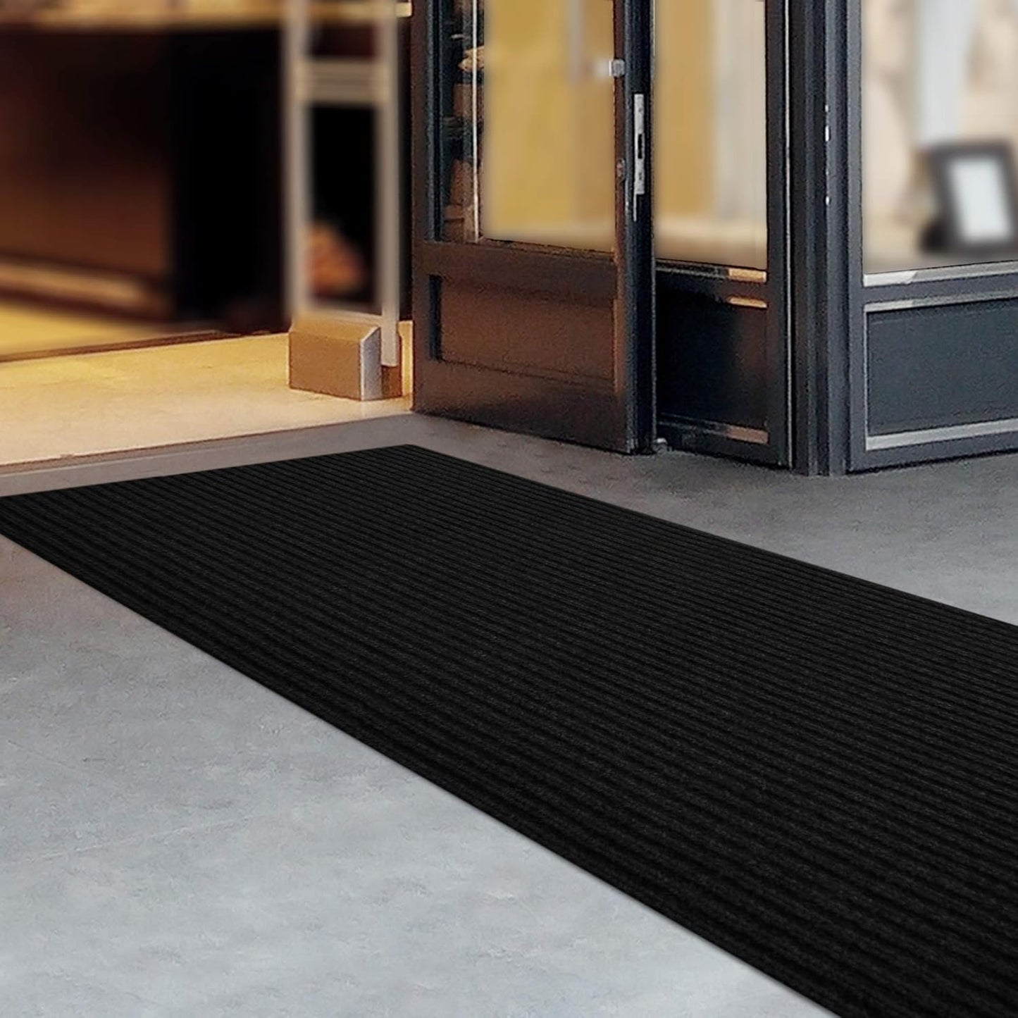 iCustomRug Spartan Weather Warrior Indoor/Outdoor Utility Ribbed Carpet Runner with Non-Slip Thermoplastic Rubber Backing, 28in X 80ft in Black