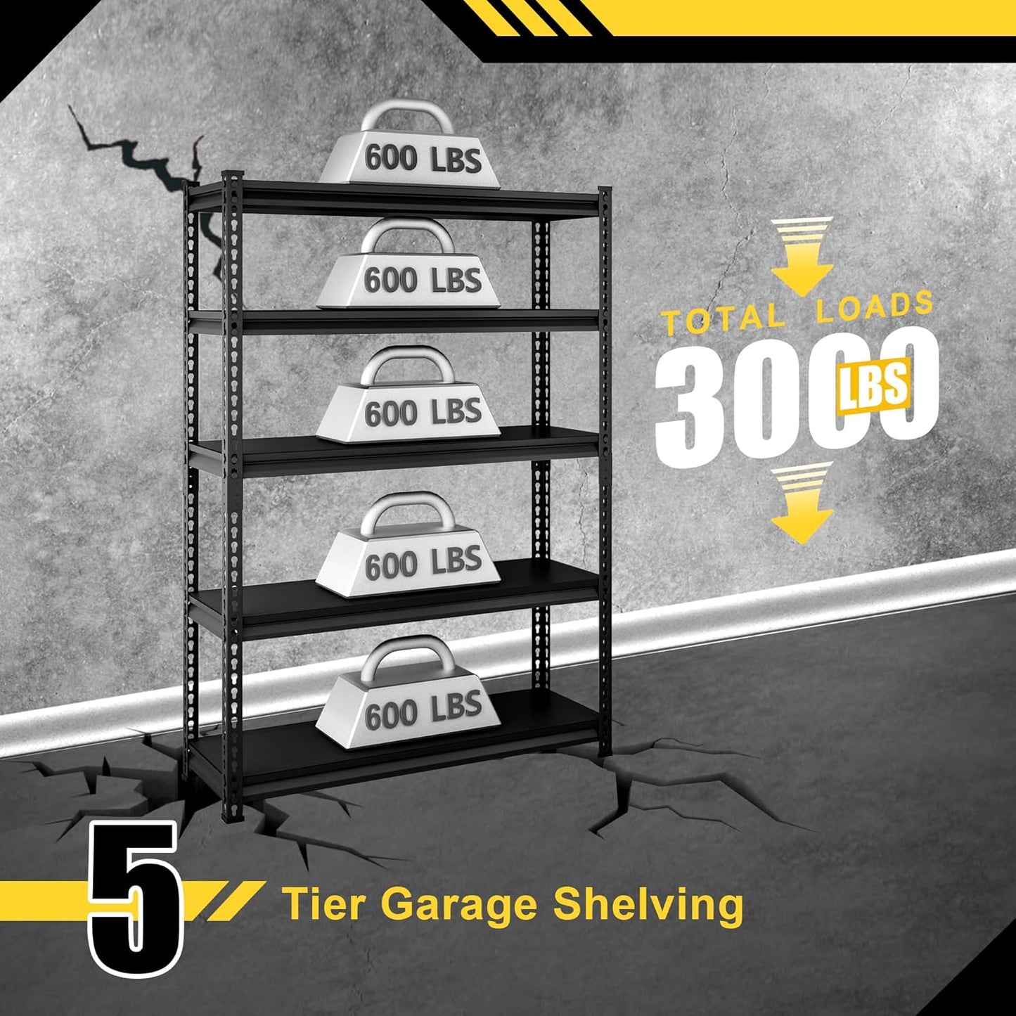48" W Garage Shelving Heavy Duty，3000LBS Loads Metal Shelving Units and Storage,5-Tier Garage Storage Shelves Heavy Duty, Industrial Utility Shelves,48”W x 24”D x 78”H(Black)