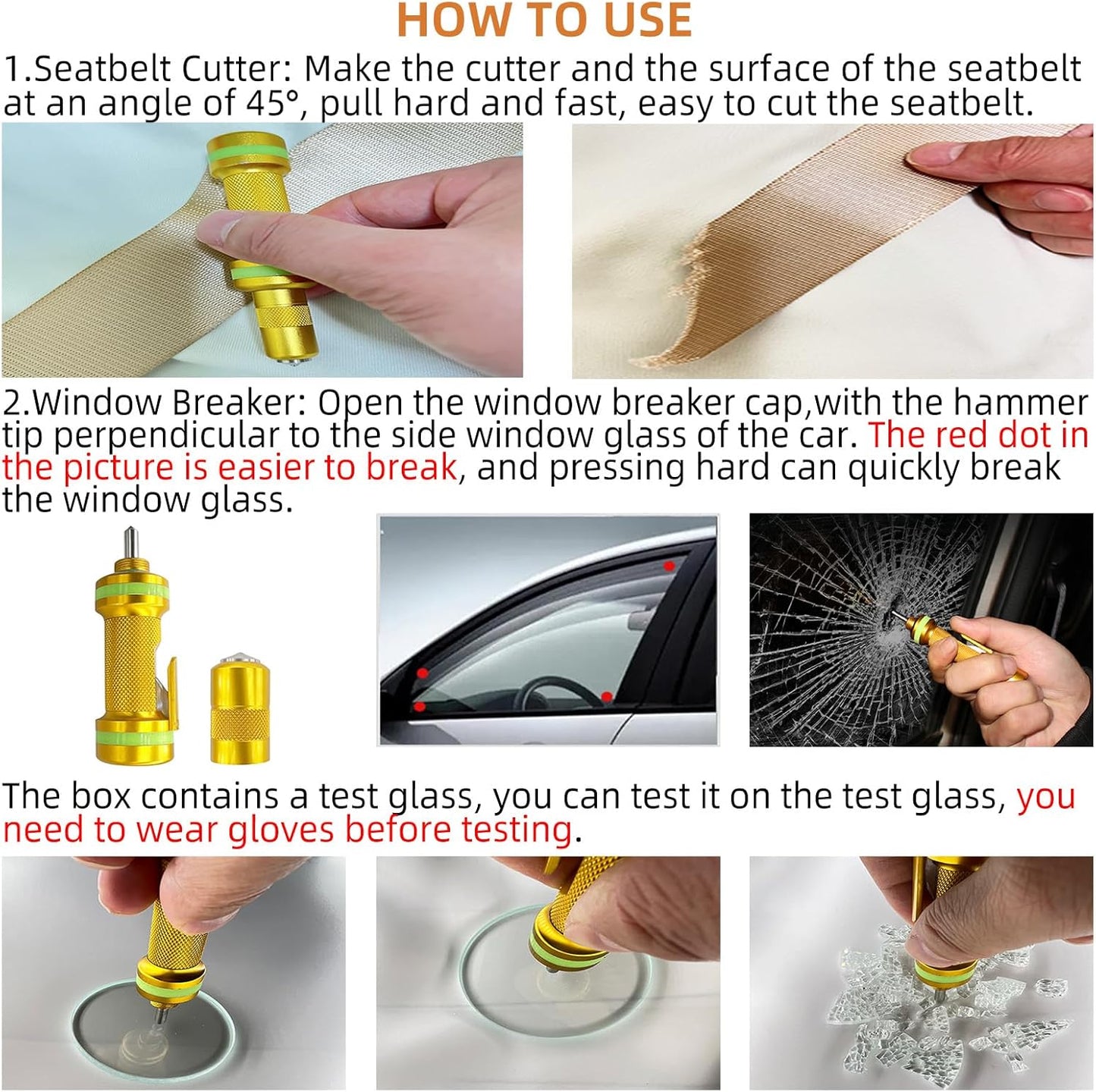 Allelic Car Window Breaker Tool, Window Breaker Seatbelt Cutter, Window Breaker, Glass Breaker, Spring Loaded Window Breaker for Land & Underwater (Gold)