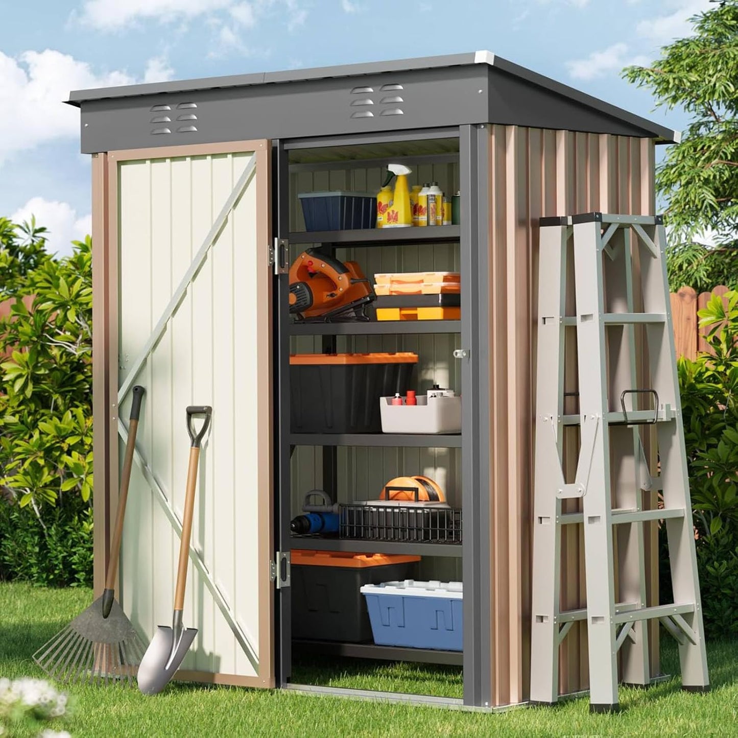 Bealife Outdoor Storage Shed Clearance, Metal Outdoor Storage Cabinet, Waterproof Tool Shed, Lockable Backyard Sheds for Garden, Patio and Lawn (Brown, 5' x 3')