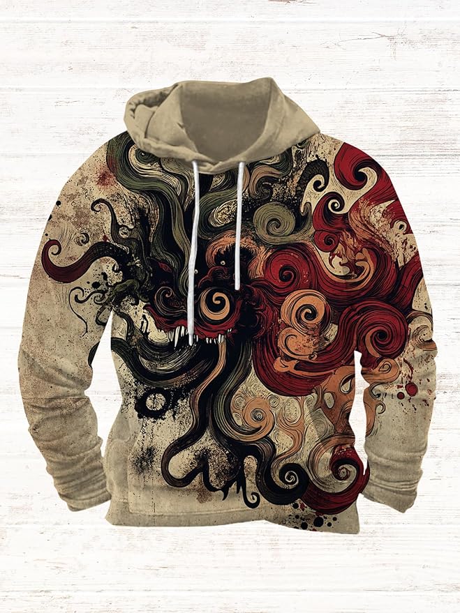 Mens Animal Print Graphic Hoodies Casual Long Sleeve Japanese Art Style Hooded Sweatshirt Lightweight Pullover Tops