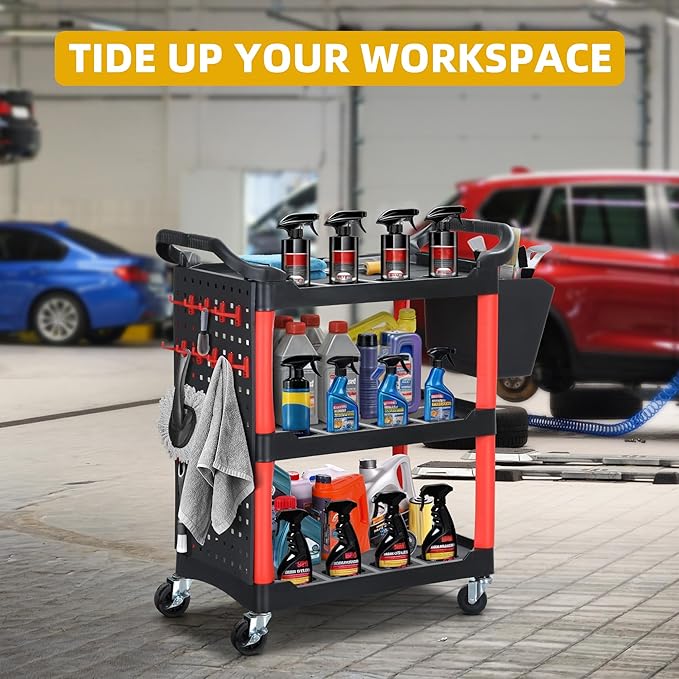 DWVO Rolling Auto Detailing Cart with Wheels & Hanging Bucket, 3-Tier Organizer with Hooks & Long Hanging Panel, Car Wash Utility Cart for Garage, Workshop, Repair Shop, DIY Home (17" D x 33" W)