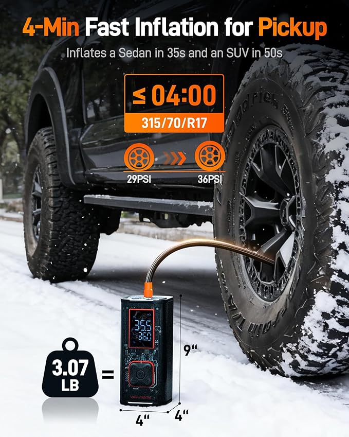 WOLFBOX 150PSI Heavy Duty Tire Inflator Portable Air Compressor,Double- cylinder 45LPM Fast Air Pump for Car Tires,3.5'' LED Display,20'' Hose,Air Compressor for Car,Pickup Truck,Bike