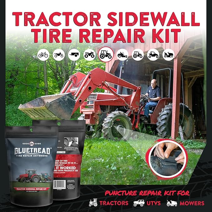 GlueTread Tractor Sidewall Tire Repair Kit | Off-Road Puncture Repair Anywhere No Need to Remove Tire | Enough Material to Patch 5-7 Tires | Puncture Repair Kit for Tractors, Trailers and Mowers