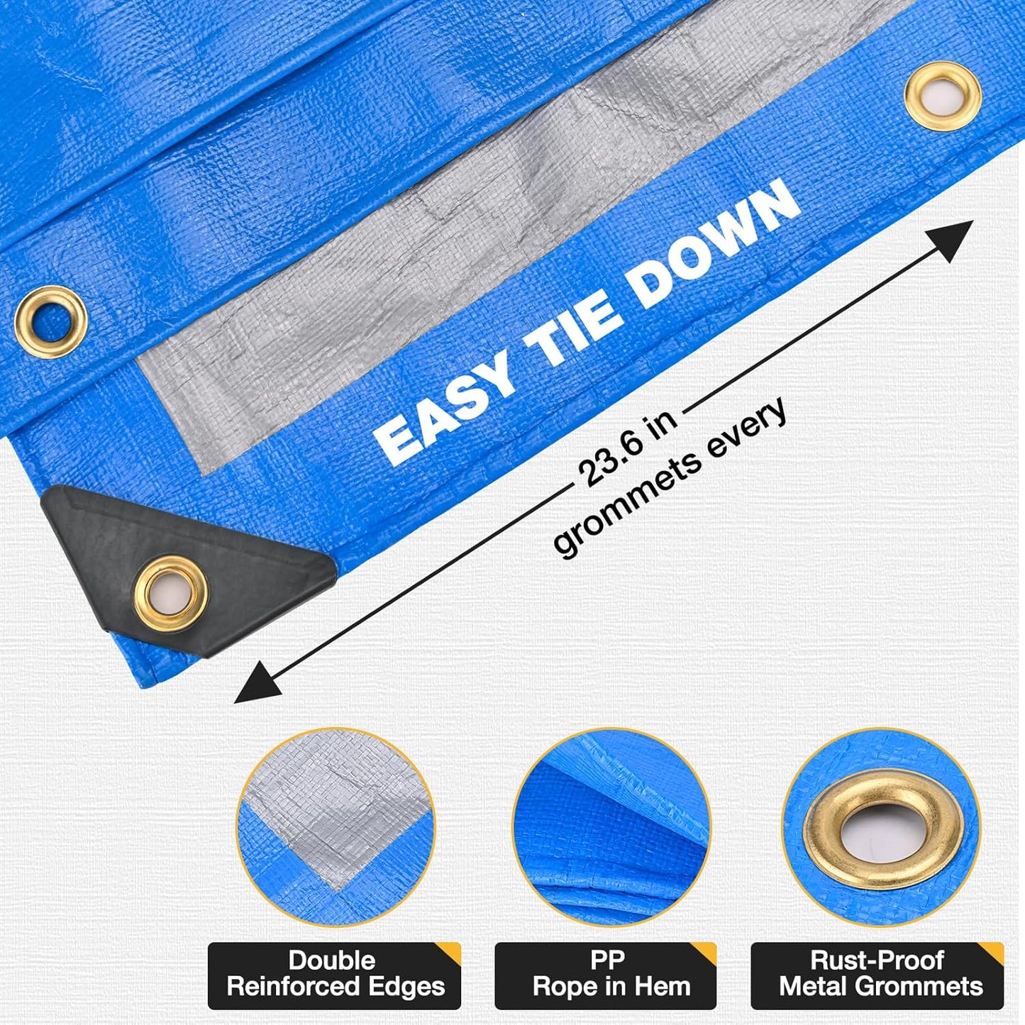 Tarp 8x10 Feet 14 Mil Heavy Duty Waterproof Tarp, Large Multipurpose Cover with Brass Grommets and Reinforced Edges, UV Resistant Thick Poly Tarps for Outdoor Camping Tent Pool Car, Blue