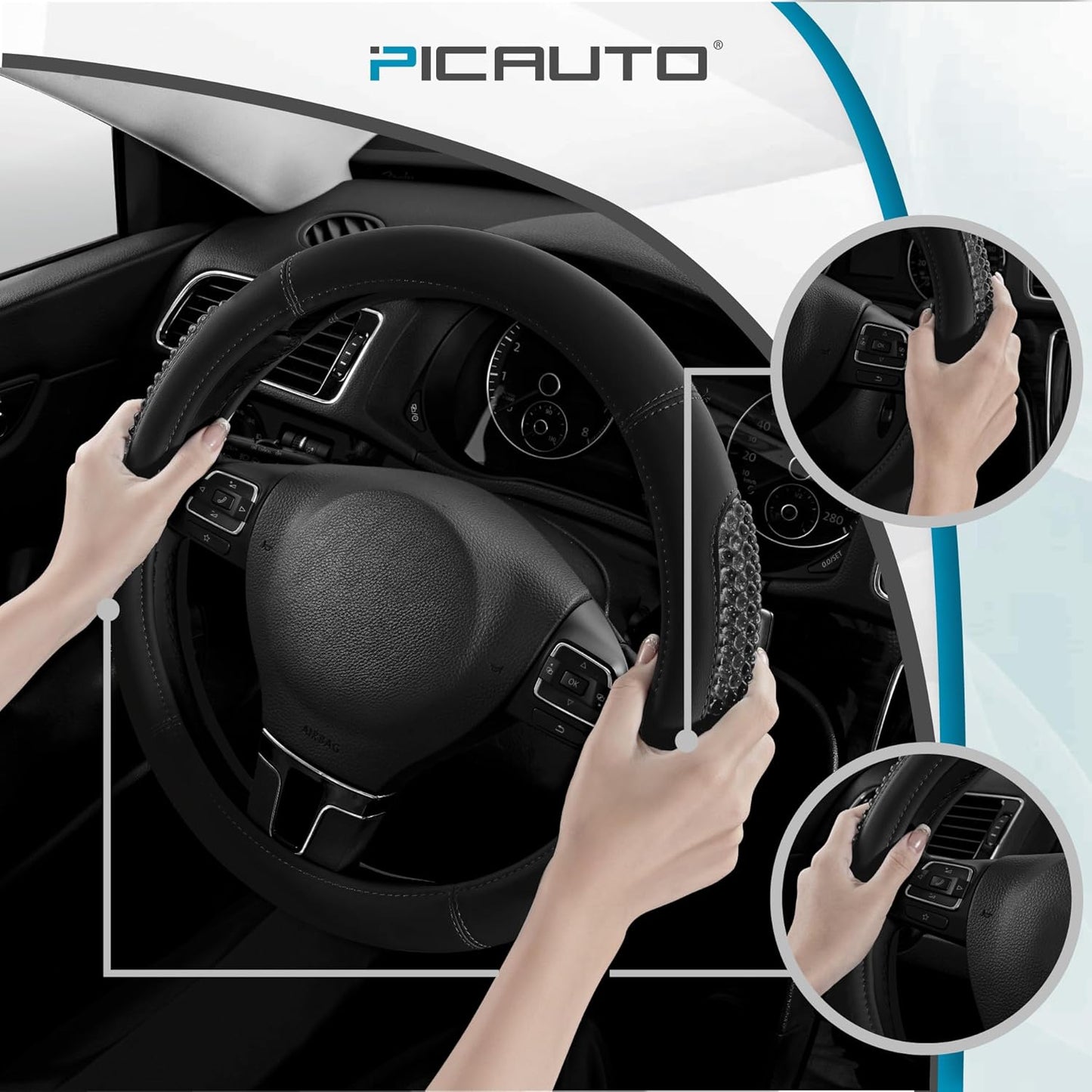 PIC AUTO Gel Particles Steering Wheel Cover, Black Luxury Leather Car Steering Wheel Protector, Universal Fit 14.5"-15.5" Anti-Slip Car Interior Accessories for Girls & Women