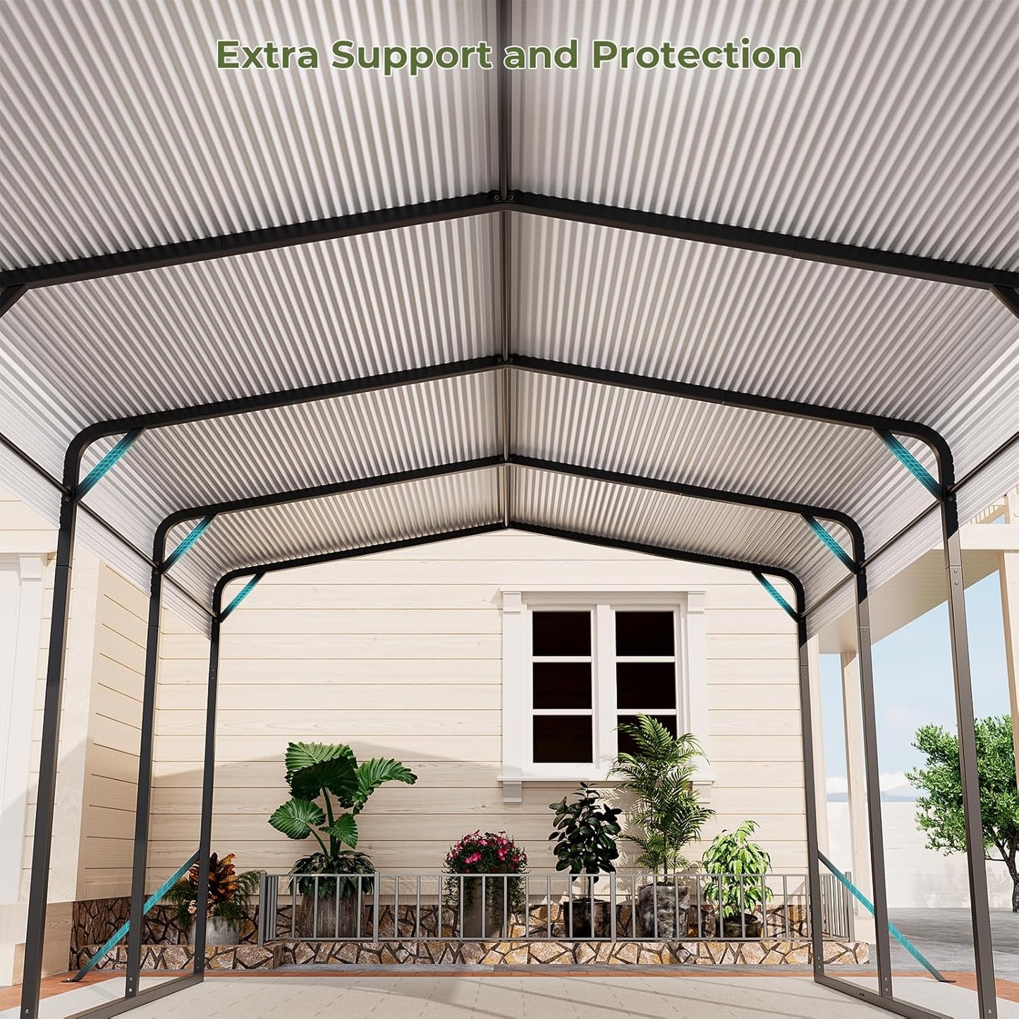 Carport 12x20 FT Heavy Duty Metal Carport, Outdoor Metal Canopy with Additional Diagonal Bars and 4 Support Feet, Car Port Garage Galvanized Shelter for Car, Boat and Tractor