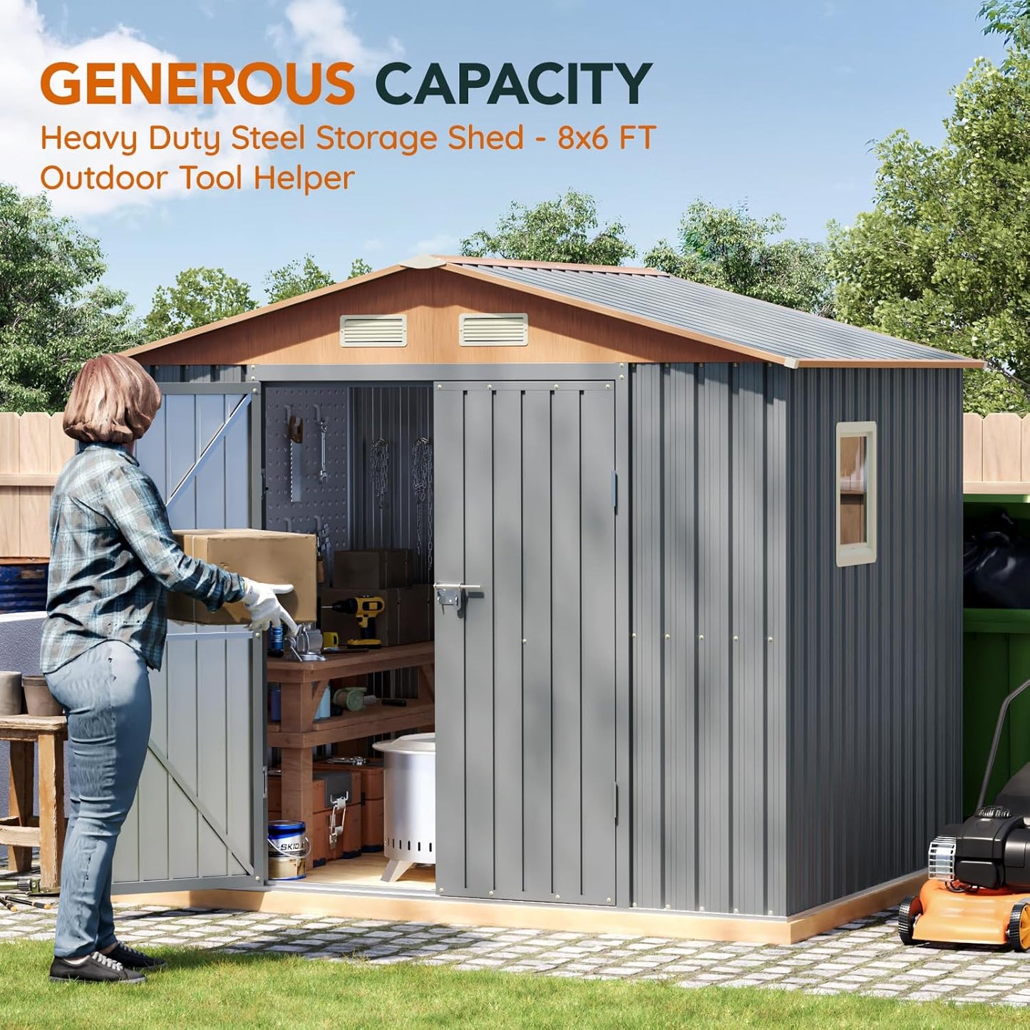 6x8FT Metal Shed & Outdoor Storage Shed with Floor Frame,Steel Tool Multi-Used Shed with Vents,Lockable Doors,Window,Compact Tool Shed for Backyard, Patio, Lawn and Garden Various Storage(Matte Gray)