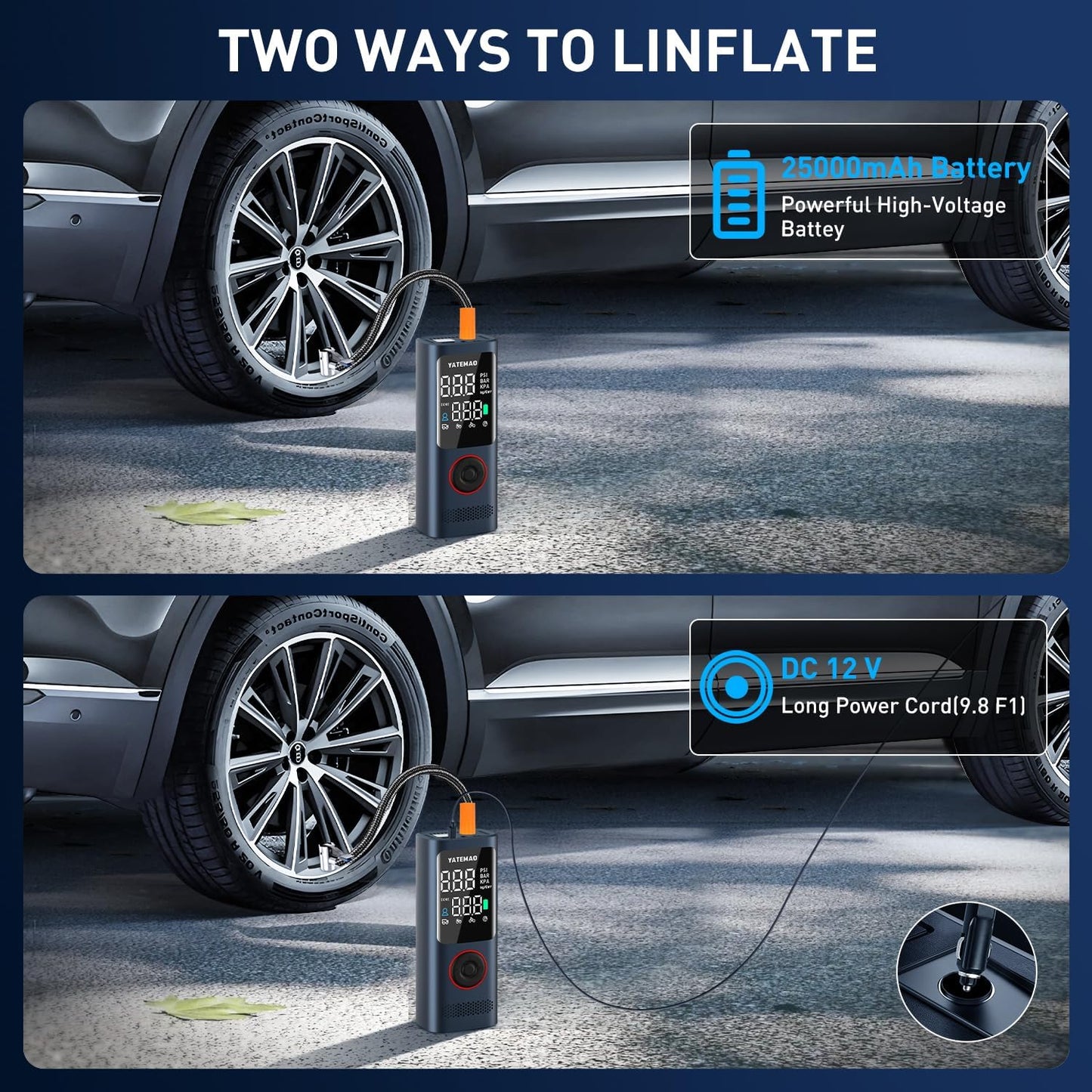 Tire Inflator Portable Air Compressor - tire inflator 25000mAh & 160PSI，4X Fast portable air compressor with LCD Digital Tire Gauge Pressure，Cordless air pump for car tires,bike, Motorcycle, Ball