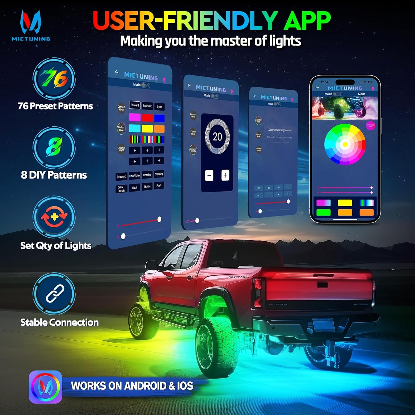 MICTUNING C2 MAX RGB+IC LED Rock Light with White Housing - 8 Pods Chasing Color Underglow Lights Kit, Dynamic Lighting Modes, APP Control, IP68 Waterproof, DIY Effect, Up to 24pods Extensible