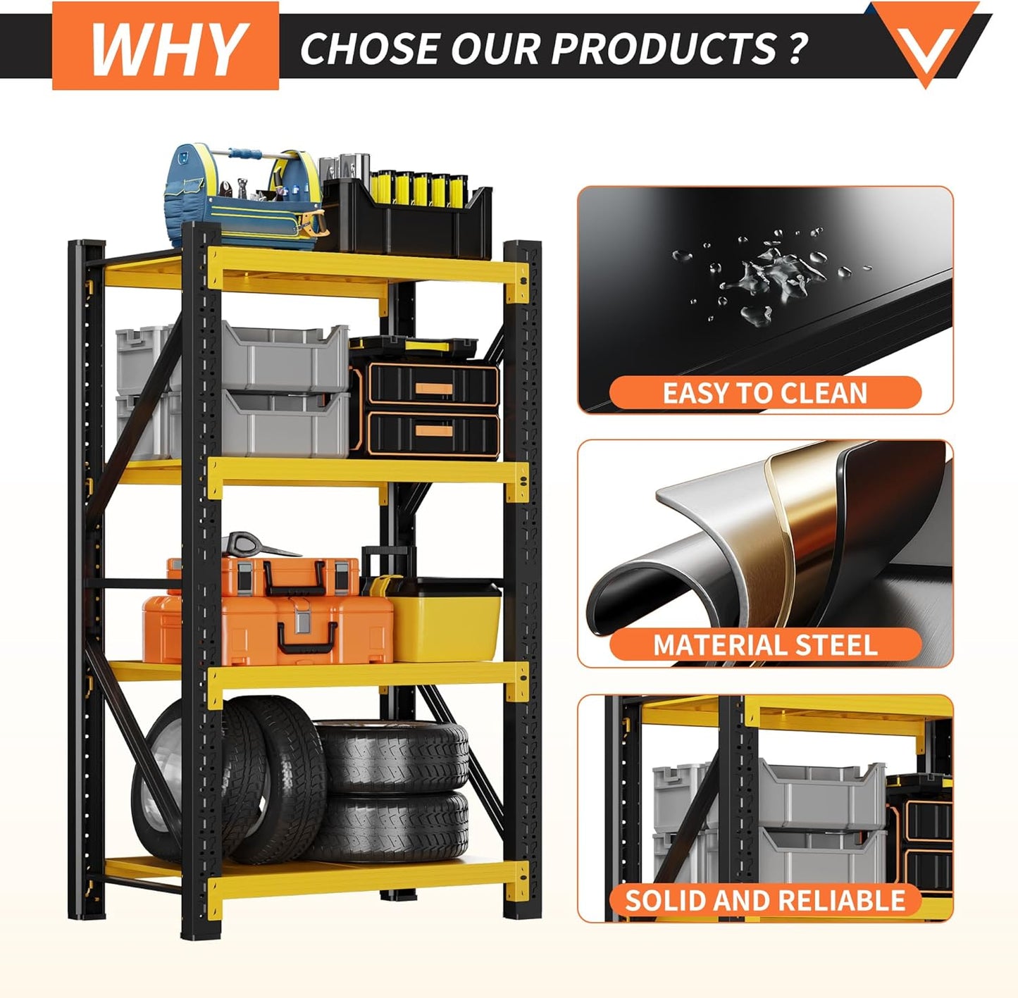 3000LBS Garage Shelving 32" W Garage Shelving Heavy Duty 4-Tier Metal Storage Shelves Adjustable Shelf Unit Storage Rack for Basement Supermarket Warehouse 32" W x 20" D x 78" H Yellow