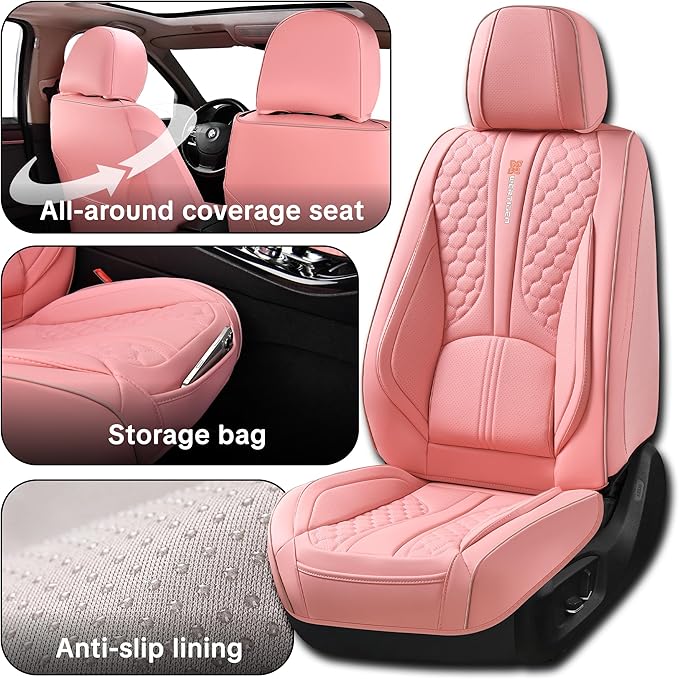 Pink Car Seat Covers Full Set – Stylish Leather Waterproof Seat Protectors for Cars, SUVs & Trucks, Airbag Compatible, Non-Slip Design, Easy to Install, Fits Most Vehicles