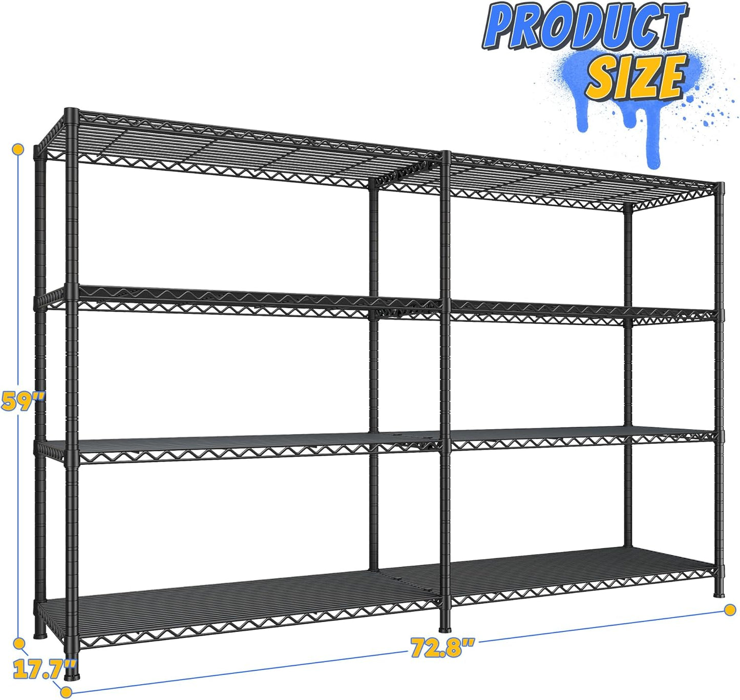 REIBII 72.8" W Storage Shelves Load 1500LBS, 4 Tier Metal Shelving Unit Wire Shelving for Storage Rack Heavy Duty Metal Shelves for Garage Pantry Kitchen, 17.7" D x 72.8" W x 59" H