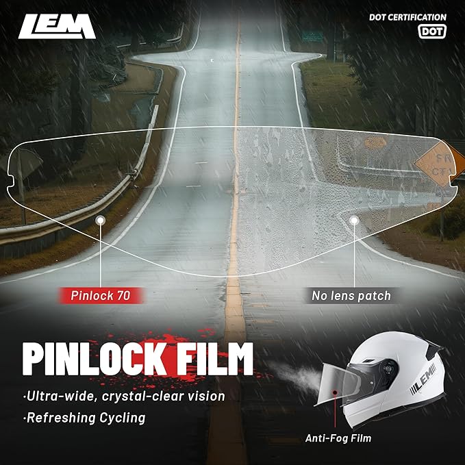 LEM Modular Motorcycle Helmets Fiberglass, Full Face Motorcycle Helmet Flip Up for Touring, DOT Certified, Release Sun Visor & Removable Comfort Liner, Lightweight Street Bike Helmet (White, XXL)
