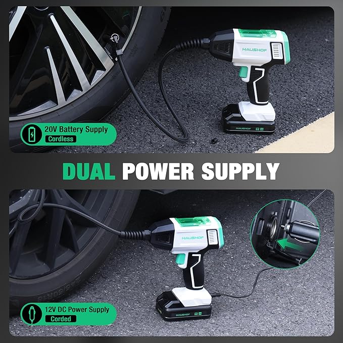 HAUSHOF Tire Inflator Portable Air Compressor, 150 PSI Cordless Air Pump with Digital Pressure Gauge, 20V Rechargeable Battery & 12V DC Power, Auto Shut-Off for Cars, Motorcycles, Bikes