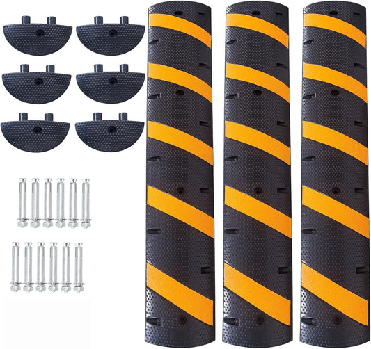 3 PCS 6FT Speed Bumps Wite End for Road, Heavy-Duty 25,000 Lbs Capacity Traffic Rubber Speed Humps with 2 Channel Floor Cord Cover for Asphalt Concrete Gravel Driveway Road (3)